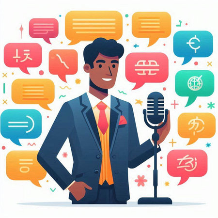 Businessman with microphone and speech bubbles. Vector illustration in flat styleのイラスト素材