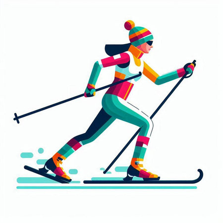 Skiing girl. Winter sport activity. Flat style vector illustration.のイラスト素材