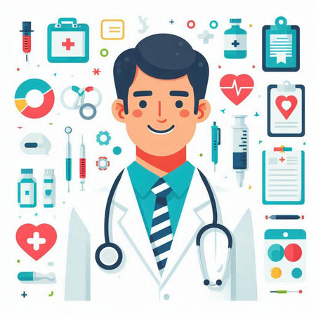 Doctor flat vector illustration. Male cartoon character with stethoscope, medical tools and icons.のイラスト素材