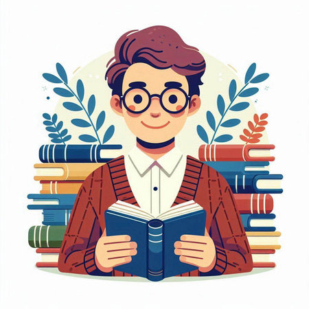 Vector illustration of a man with glasses and a book in his handsのイラスト素材