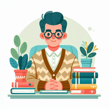 Man sitting at desk with books and plants. Flat style vector illustration.のイラスト素材