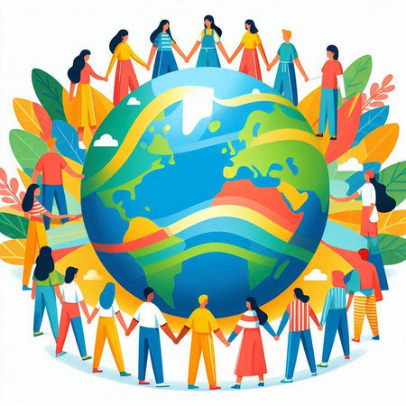 Global communication concept. Group of people around the globe. Vector illustrationのイラスト素材