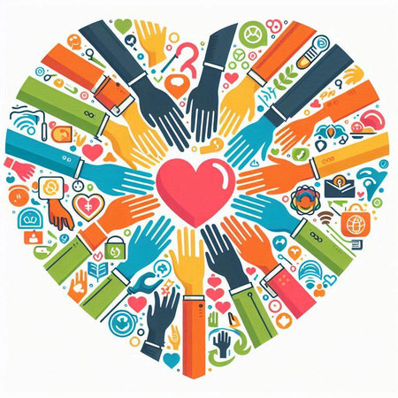 Heart shape made up of hands and social media icons. Vector illustration.のイラスト素材