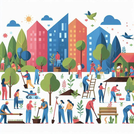People planting trees in the garden. Flat style. Vector illustration.のイラスト素材