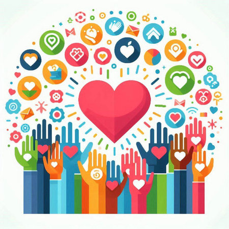 Colorful hands holding heart shape with social media icons, vector illustrationのイラスト素材