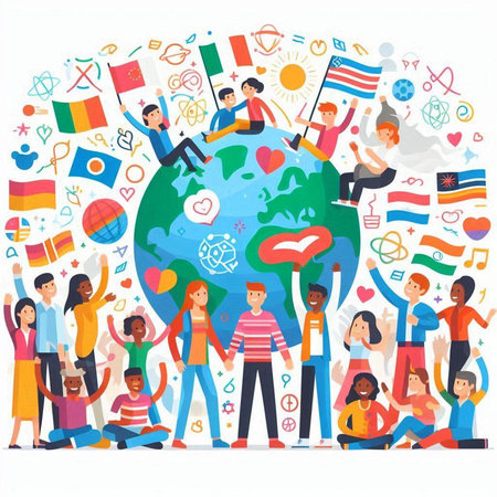 Group of children with flags around the world. Vector illustration in flat styleのイラスト素材