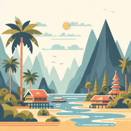 Vector illustration of a tropical island in the sea. Landscape with palm trees, bungalows, mountains and river.のイラスト素材