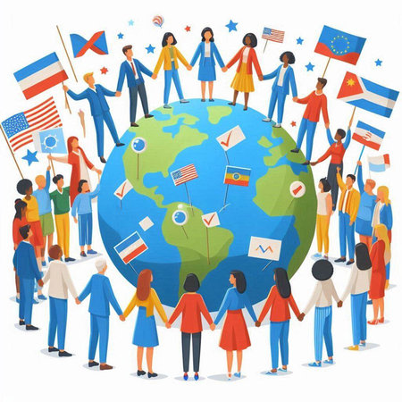 People holding flags around the world. Vector illustration in cartoon style.のイラスト素材