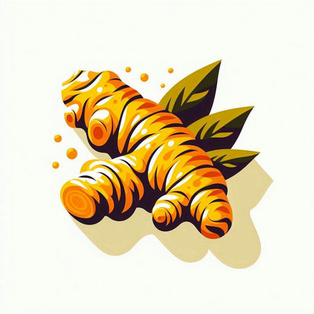 Ginger root with green leaves on white background. Vector illustration.のイラスト素材