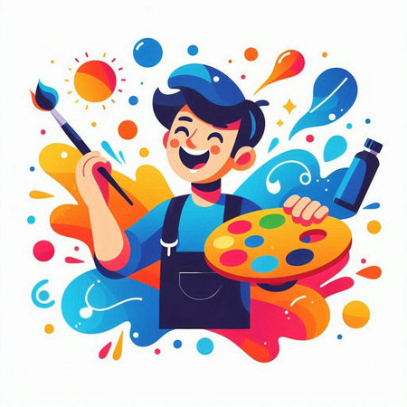 Artist in apron with palette and paintbrush. Vector illustration.のイラスト素材