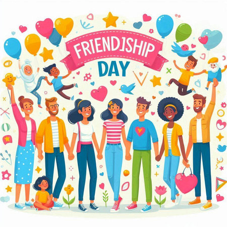 Friendship Day. Group of happy people with different nationalities and cultures. Vector illustrationのイラスト素材