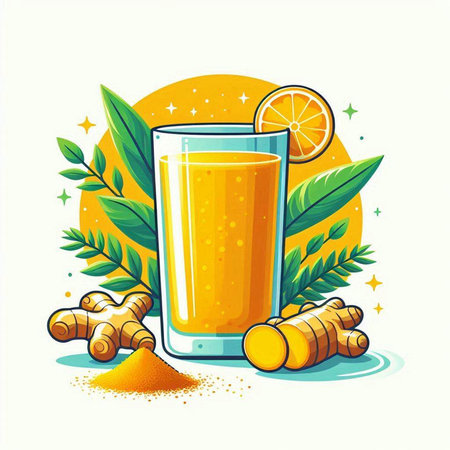 Glass of turmeric smoothie with lemon and ginger root. Vector illustration.のイラスト素材