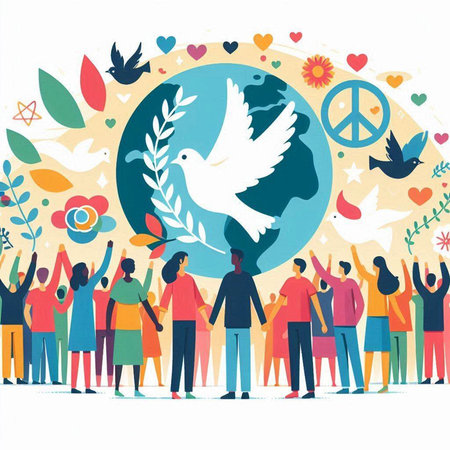 International Day of Peace. Group of people with a peace dove. Vector illustration.のイラスト素材