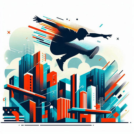 Silhouette of jumping man on city background. Vector illustration.のイラスト素材