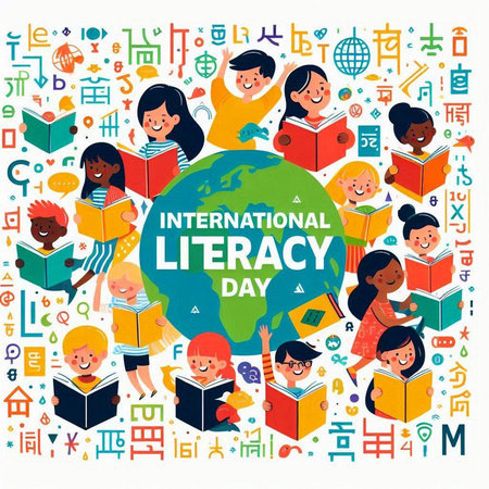 International Literacy Day poster with kids reading books and smiling. Vector illustration.のイラスト素材