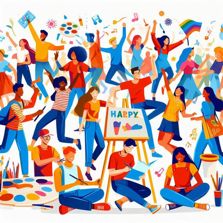 Vector illustration of a group of young people, schoolchildren, teenagers.のイラスト素材