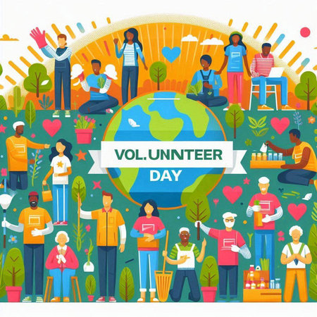 Volunteer Day concept. Flat vector illustration of volunteers help the planet.のイラスト素材