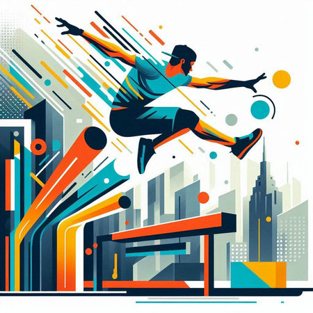 Athletic man jumping over city background, vector illustration.のイラスト素材