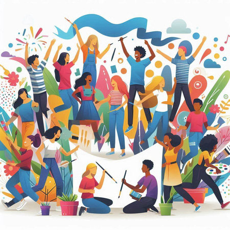 Group of happy young people dancing and having fun. Vector illustration.のイラスト素材