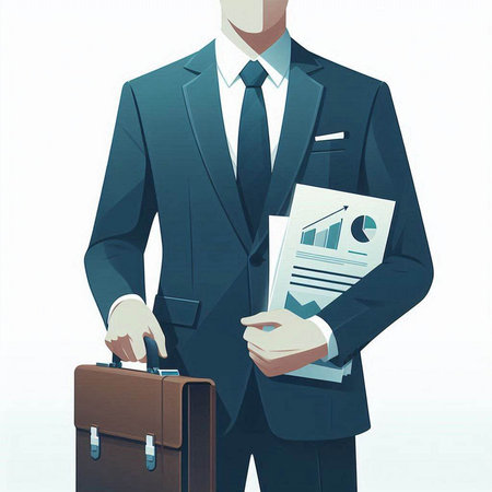 Businessman with briefcase and documents in his hands. Vector illustration.のイラスト素材