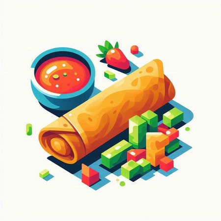 Isometric vector illustration of a rolled up pancake roll with a strawberry sauce.のイラスト素材