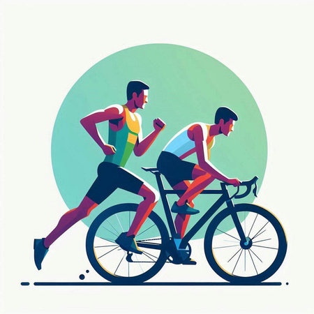 Vector illustration of a man and woman cycling together in flat style.のイラスト素材
