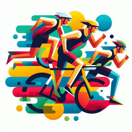 Cyclists in Colorful Abstract Background. Vector Illustration.のイラスト素材