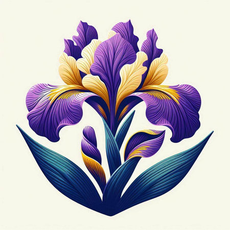 Illustration of iris flower, design element. Can be used for cards, invitations, banners, posters, print design. Floral background in retro styleのイラスト素材