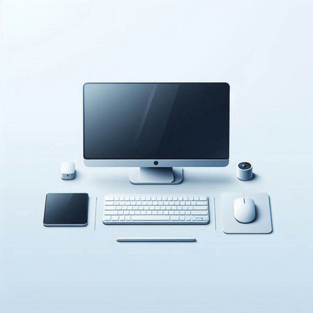 Desktop computer with keyboard and mouse on white background, 3d renderのイラスト素材