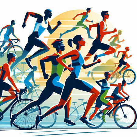 Vector illustration of a group of people running in the city. Healthy lifestyle concept.のイラスト素材