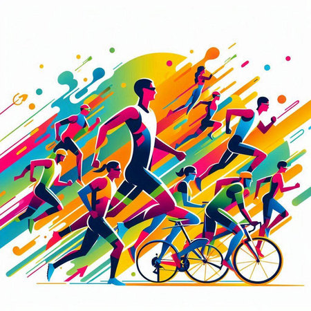 Group of people running on bicycle, abstract colorful background, vector illustrationのイラスト素材