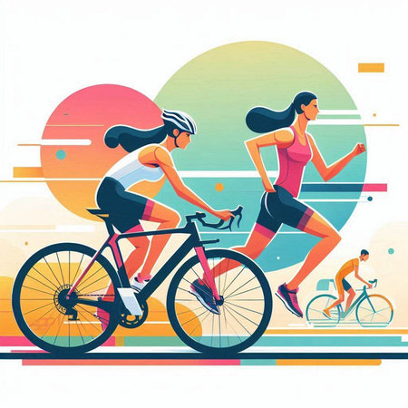 Sporty woman and man cycling on the road. Vector illustration.のイラスト素材