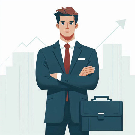 Businessman with briefcase on the background of the city. Vector illustration.のイラスト素材