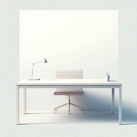 Modern office interior with white walls, wooden floor and white computer table. 3d renderingのイラスト素材