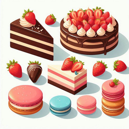 Set of different cakes with strawberries and macaroons. Vector illustration.のイラスト素材