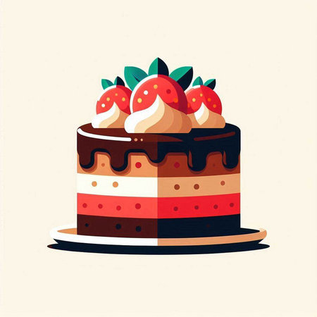 Cake with cream and strawberries. Vector illustration in flat style.のイラスト素材