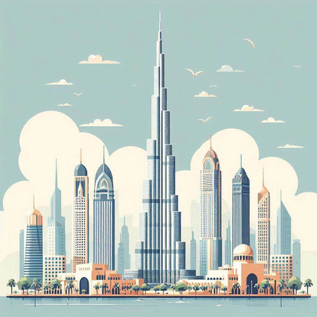 Dubai skyline with skyscrapers. Vector illustration in retro styleのイラスト素材
