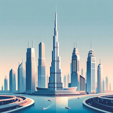 Illustration of a modern city with skyscrapers and roads.のイラスト素材