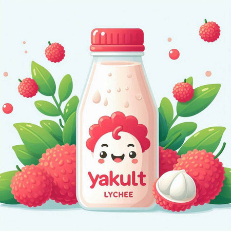 Vector illustration of fresh lychee smoothie in a glass bottle with a red cap on a white background.のイラスト素材