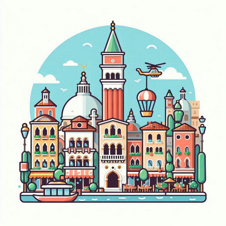 Venice cityscape, Italy. Vector illustration in flat style.のイラスト素材