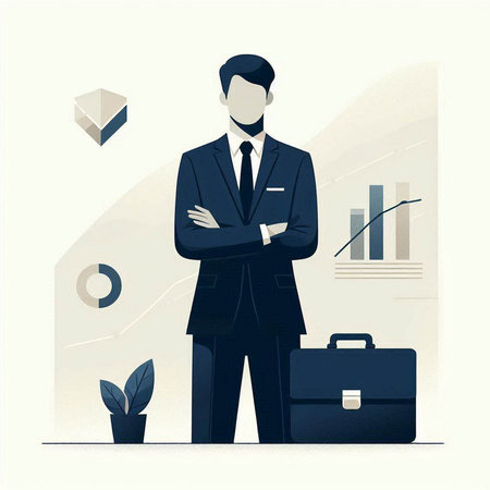 Businessman with briefcase standing in front of business graph. Vector illustrationのイラスト素材