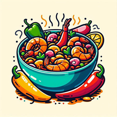 Vector illustration of a bowl of soup with shrimps, vegetables and spices.のイラスト素材
