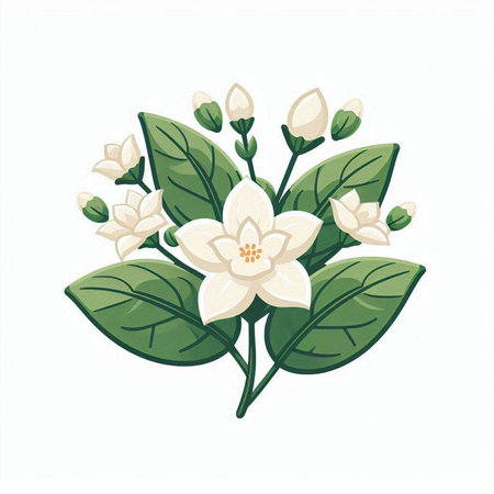 Jasmine flower and leaves isolated on white background. Vector illustration.のイラスト素材