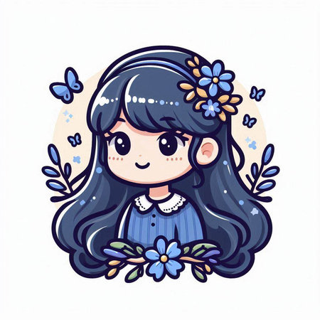 Cute cartoon girl with long hair and flowers. Vector illustration.のイラスト素材