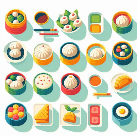 Japanese food icons set in flat style. Vector illustration of japanese food.のイラスト素材