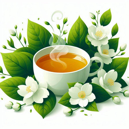 Cup of tea with jasmine flowers and green leaves on white backgroundのイラスト素材