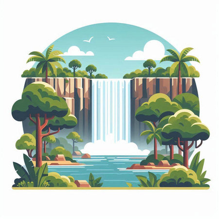 Waterfall in the forest. Vector illustration of a flat style.のイラスト素材