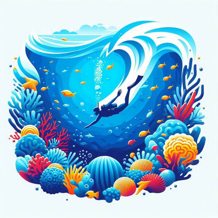 Underwater world with coral reef, fish and seaweed. Vector illustration.のイラスト素材