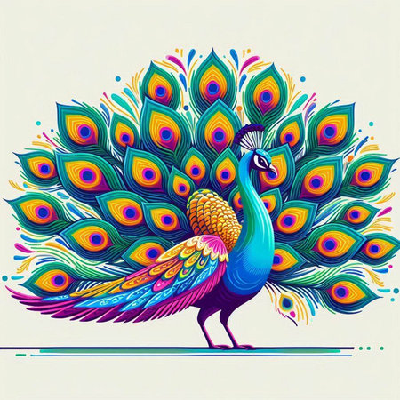 Colorful peacock with bright feathers on white background. Vector illustration.のイラスト素材