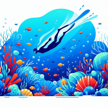 Underwater background with a diver. Vector illustration for your design.のイラスト素材